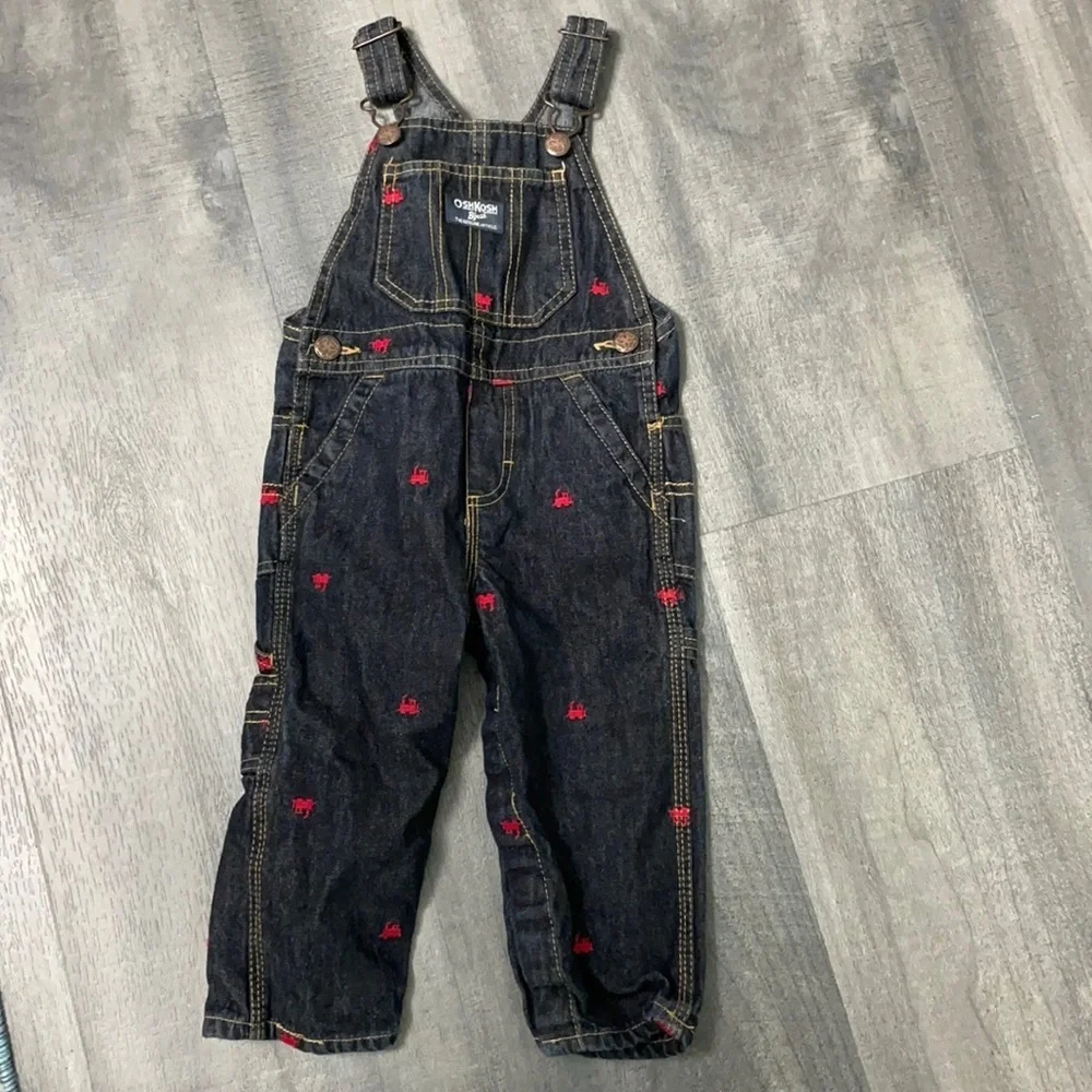 Oshkosh Denim Overalls Embroidered Red Trains size 18 months